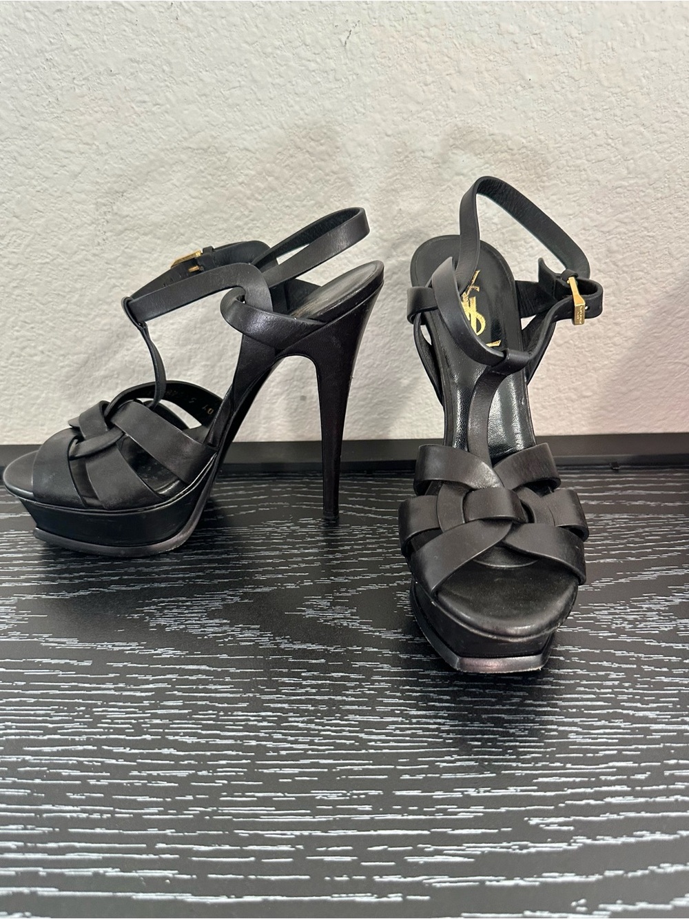 Yves Saint Laurent Black Leather Woven Platform Stiletto Sandals